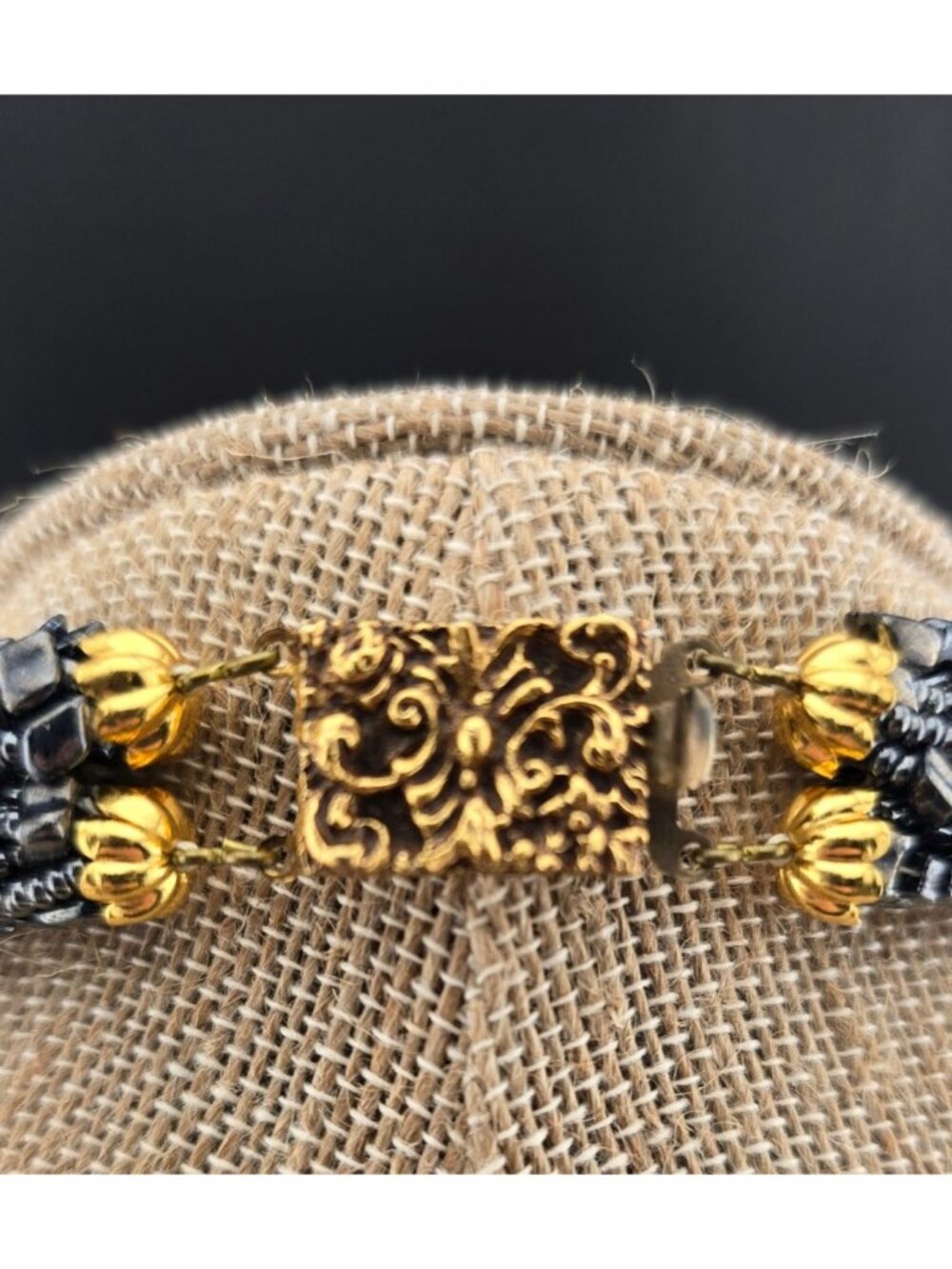 14-Strand Hematite Beaded Necklace 21" Ornate Gold-Tone Clasp Made In Italy BOLD - Picture 6 of 12